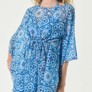 Caftano MC2 Saint Barth azzurro a fantasia maiolica con coulisse in vita