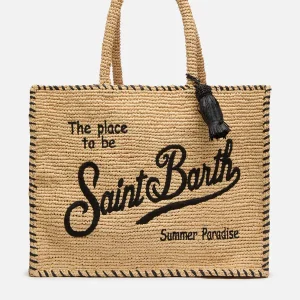 Borsa a spalla Vanity Rafia beige con bordo nero